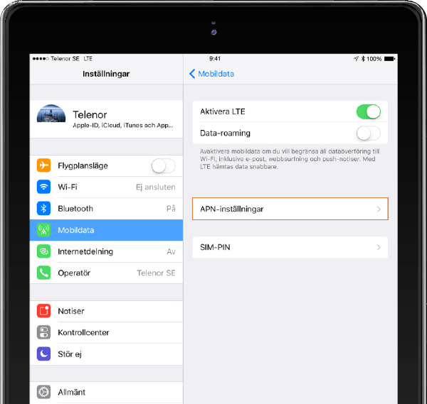 Gå till "Inställningar, mobildata, APN-inställningar"