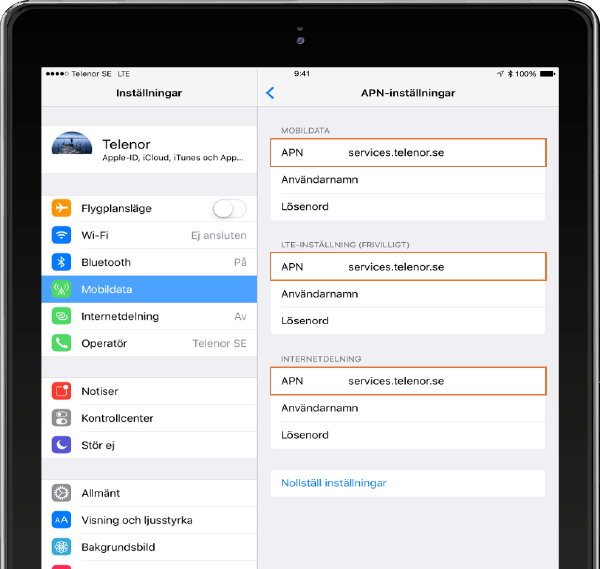 Skriv in services.telenor.se på raden APN.