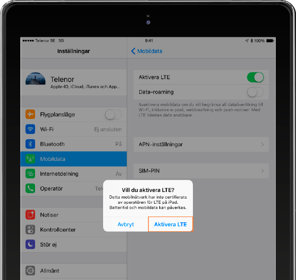 Aktivera LTE för att slå på 4G.